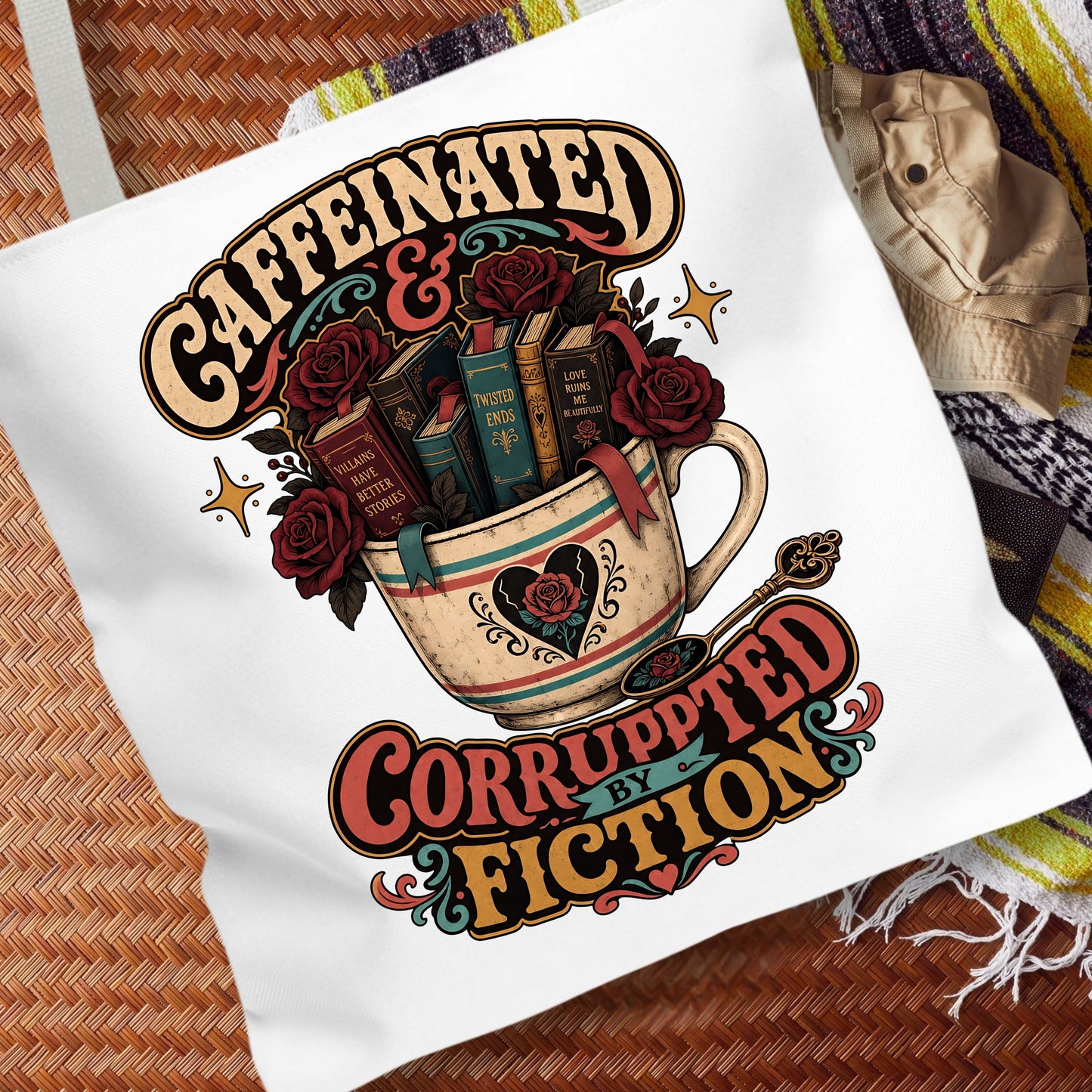 Caffeinated and Corrupted by Fiction Tote Bag, Book Lover Tote, Coffee and Books Bag, Romance Reader Gift, BookTok Bookish Tote