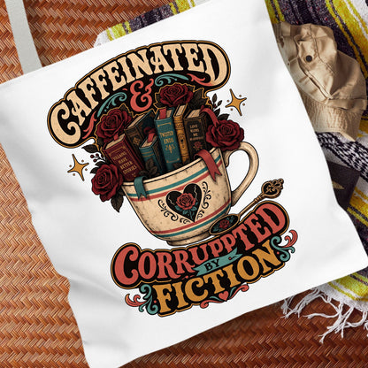 Caffeinated and Corrupted by Fiction Tote Bag, Book Lover Tote, Coffee and Books Bag, Romance Reader Gift, BookTok Bookish Tote