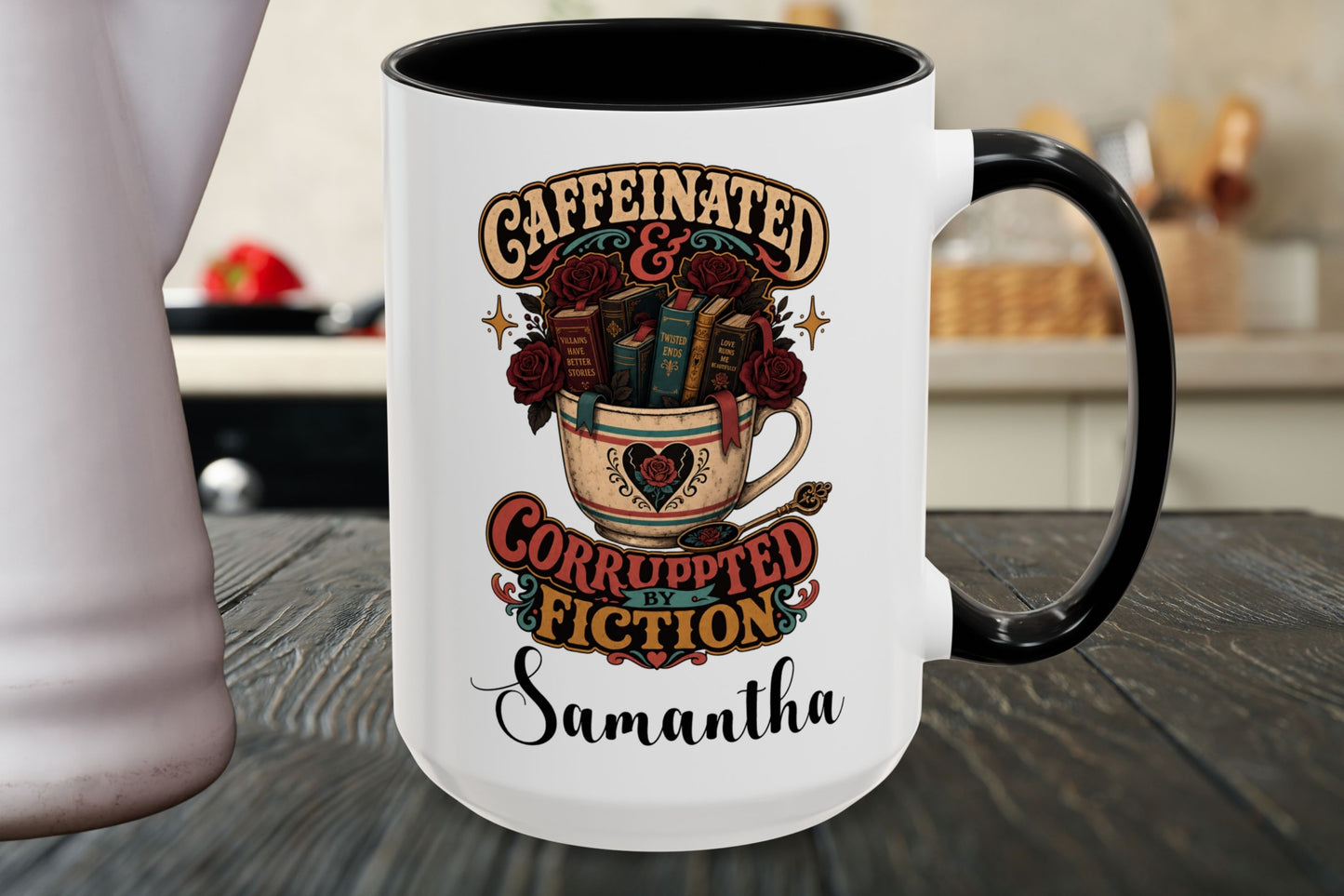 Caffeinated and Corrupted by Fiction Personalized Mug, Book Lover Mug, Coffee and Books Gift, Romance Reader Mug, BookTok Gift