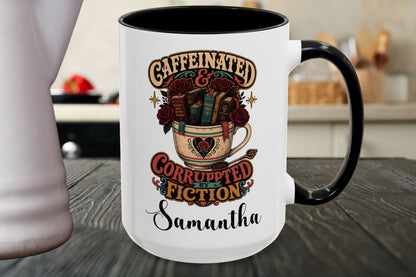 Caffeinated and Corrupted by Fiction Personalized Mug, Book Lover Mug, Coffee and Books Gift, Romance Reader Mug, BookTok Gift