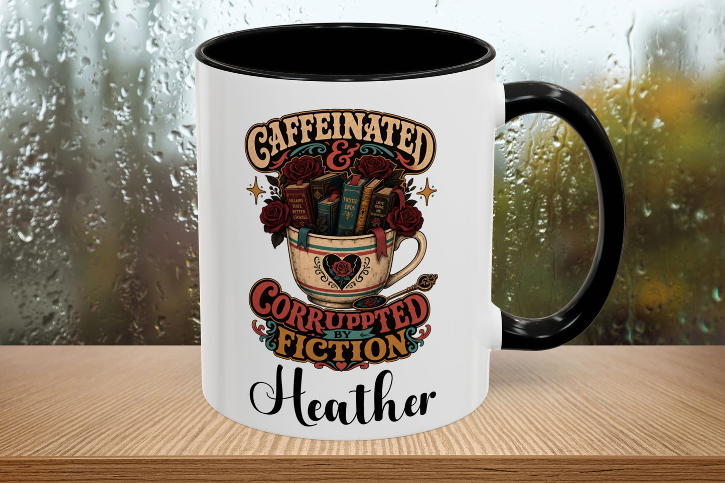 Caffeinated and Corrupted by Fiction Personalized Mug, Book Lover Mug, Coffee and Books Gift, Romance Reader Mug, BookTok Gift