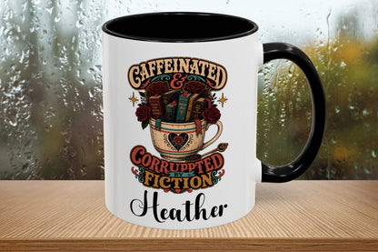 Caffeinated and Corrupted by Fiction Personalized Mug, Book Lover Mug, Coffee and Books Gift, Romance Reader Mug, BookTok Gift