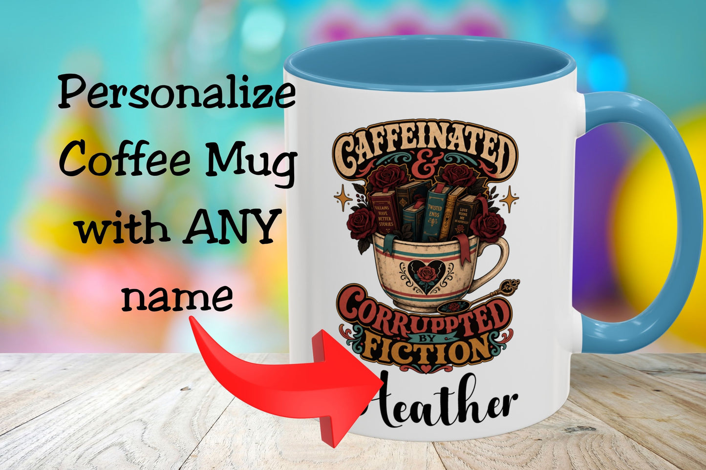 Caffeinated and Corrupted by Fiction Personalized Mug, Book Lover Mug, Coffee and Books Gift, Romance Reader Mug, BookTok Gift