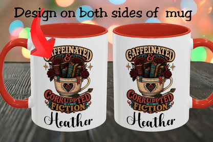 Caffeinated and Corrupted by Fiction Personalized Mug, Book Lover Mug, Coffee and Books Gift, Romance Reader Mug, BookTok Gift