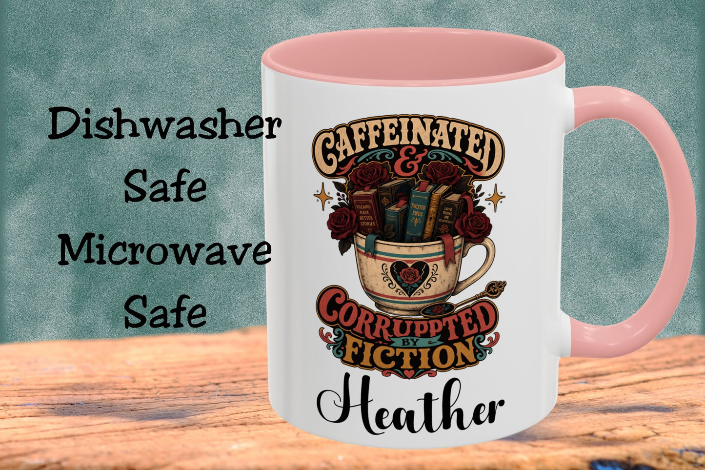Caffeinated and Corrupted by Fiction Personalized Mug, Book Lover Mug, Coffee and Books Gift, Romance Reader Mug, BookTok Gift
