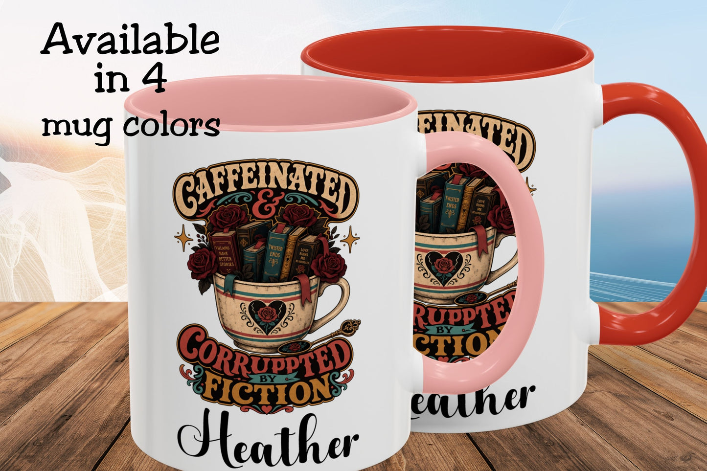 Caffeinated and Corrupted by Fiction Personalized Mug, Book Lover Mug, Coffee and Books Gift, Romance Reader Mug, BookTok Gift
