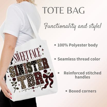 A woman wearing a white T-shirt carries a white tote bag with decorative text reading 'SWEET FACE SINISTER TDR' and floral motifs. The image includes marketing text on the right describing the tote bag features.