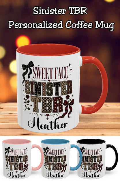 A personalized book lover mug for readers with a sweet face and a sinister TBR. Choose from 11 oz or 15 oz sizes and red, light blue, black, or pink accents, then add a custom name for a one-of-a-kind reader gift. Perfect for romance readers, dark romance lovers, romantasy fans, BookTok friends, TBR addicts, and book club besties. Save this personalized bookish mug for birthdays, Christmas, reader gift baskets, coffee lovers, and cozy reading nights.

#PersonalizedMug #BookLoverMug #BookTokGift #RomanceRead