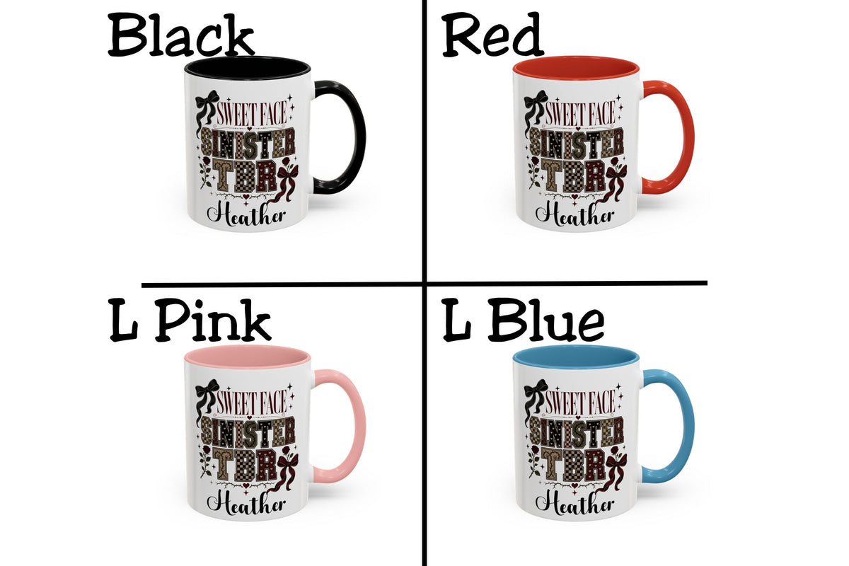 Four color options for a ceramic mug with a custom print reading 'SWEET FACE SINISTER TOB Heatha'. The options shown are Black, Red, L Pink, and L Blue, each displayed in a 2x2 grid on a white background.