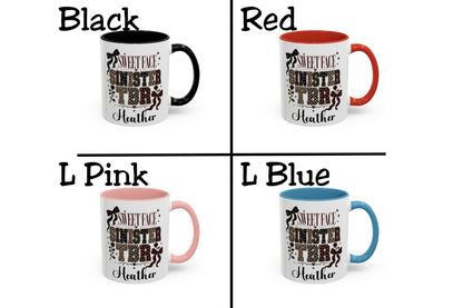 Four color options for a ceramic mug with a custom print reading 'SWEET FACE SINISTER TOB Heatha'. The options shown are Black, Red, L Pink, and L Blue, each displayed in a 2x2 grid on a white background.