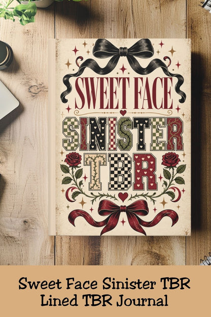 Sweet style, sinister reading list. This Sweet Face Sinister TBR Journal is made for dark romance readers, romantasy fans, BookTok lovers, and TBR addicts who are always adding one more book to the pile. Featuring vintage collegiate lettering, checkerboard details, roses, bows, hearts, and a coordinated bookish back cover, it’s perfect for reading notes, favorite quotes, book reviews, TBR lists, and everyday journaling. Save this as a dark romance reader gift, book lover journal, BookTok gift idea, or book 