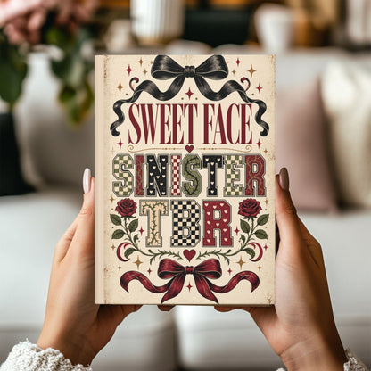 A person holds a vintage-style book titled 'Sweet Face Sinister Tor' with ornate red, black, and beige lettering and floral illustrations. The background shows a softly blurred living room interior with a sofa and decor.