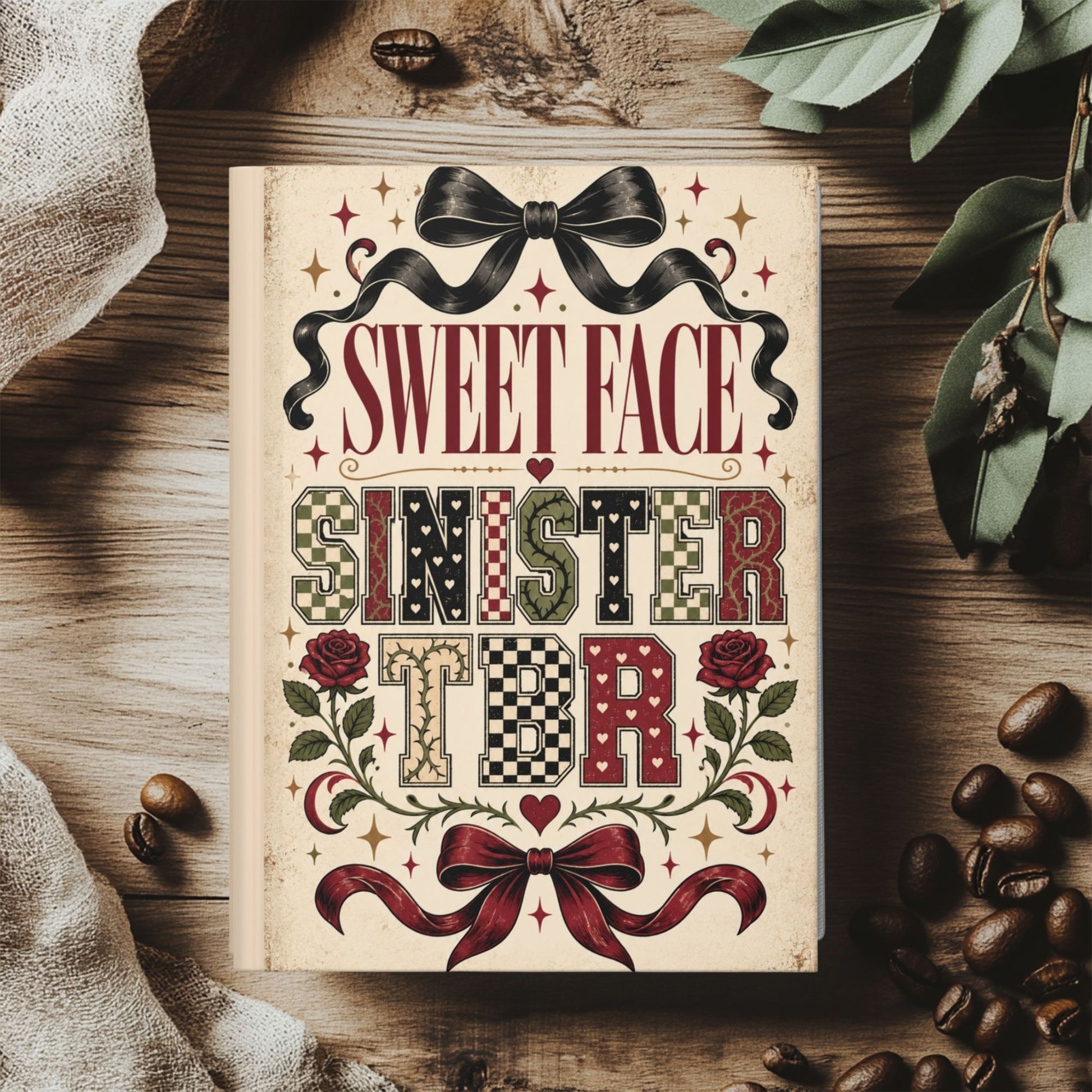 A decorative book or notebook cover reading “SWEET FACE SINISTER BTR” with ornate black ribbon bows, red roses, checkered lettering, and a vintage stitched-style design, photographed on a rustic wooden surface with coffee beans, leaves, and fabric around it.
