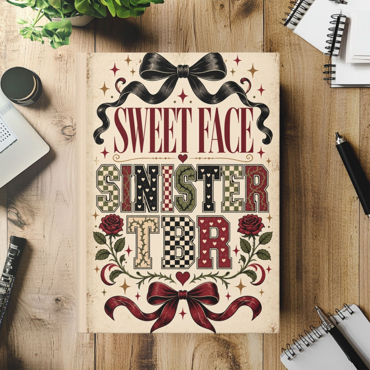 A decorative notebook or journal cover laid flat on a wooden desk, featuring the phrase 'SWEET FACE SINISTER BIRTH' in stylized lettering with bows, roses, stars, and patterned blocks. Surrounding props include a laptop, plant, pens, and spiral notebooks.