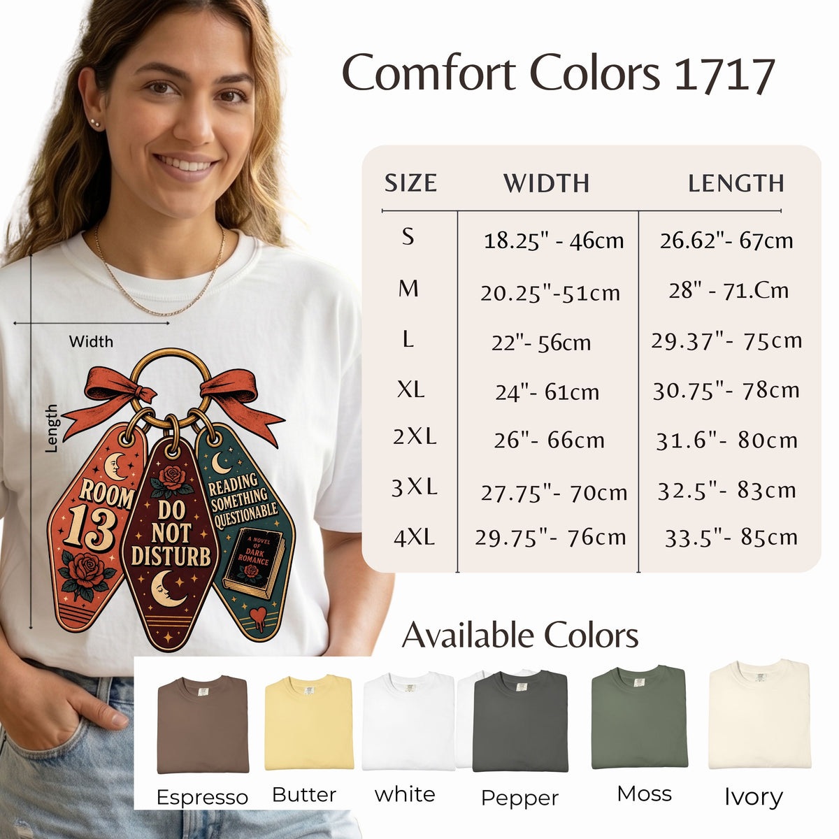 A woman models a Comfort Colors 1717 graphic T-shirt, with a size chart, available colors, and a close-up of the shirt's print. The shirt features a white base with a colorful graphic of three hanging keys with a red bow and the text 'ROOM 13 DO NOT DISTURB'.