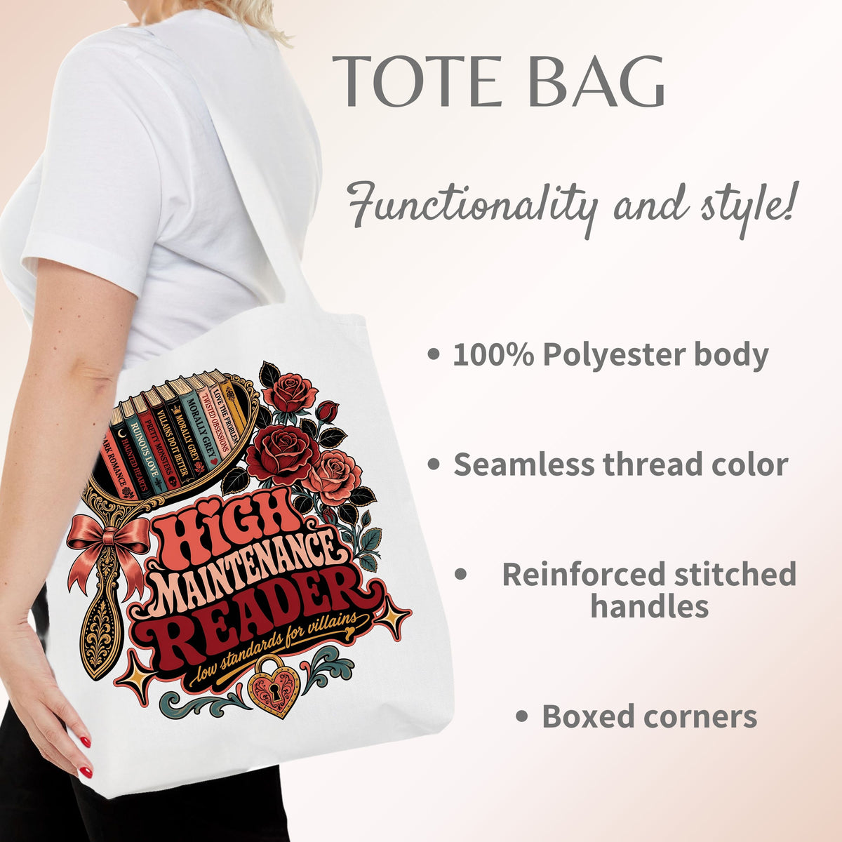 High Maintenance Reader Tote Bag, Romance Book Lover Gift, Low Standards for Villains Bag, Bookish Tote, Dark Romance Reader Gift