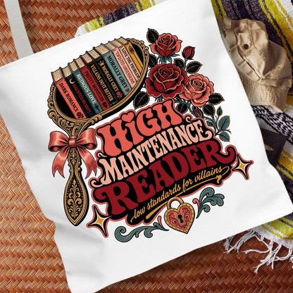 High Maintenance Reader Tote Bag, Romance Book Lover Gift, Low Standards for Villains Bag, Bookish Tote, Dark Romance Reader Gift