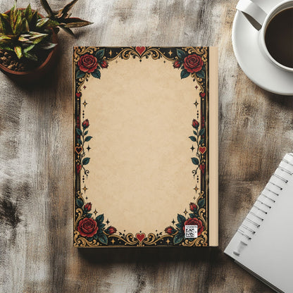 A decorative notebook with a vintage-style floral border featuring red roses and gold accents on a beige page, styled on a wooden tabletop with a plant, coffee cup, and spiral notebook nearby.
