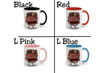 A four-quadrant color options chart showing a white ceramic mug with a custom 'High Maintenance Leader Heather' graphic. The quadrants display different interior handle and rim colors: Black, Red, Light Pink, and Light Blue.