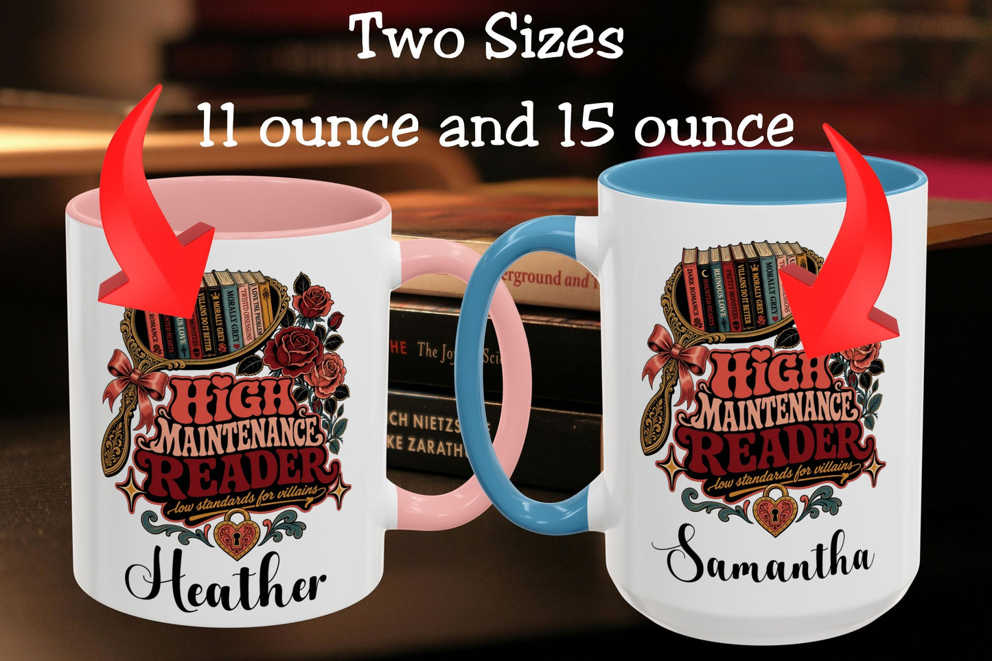 Two personalized ceramic mugs shown side by side with text reading 'Two Sizes 11 ounce and 15 ounce.' The left mug is white with a pink interior and handle, and the right mug is white with a blue interior and handle.