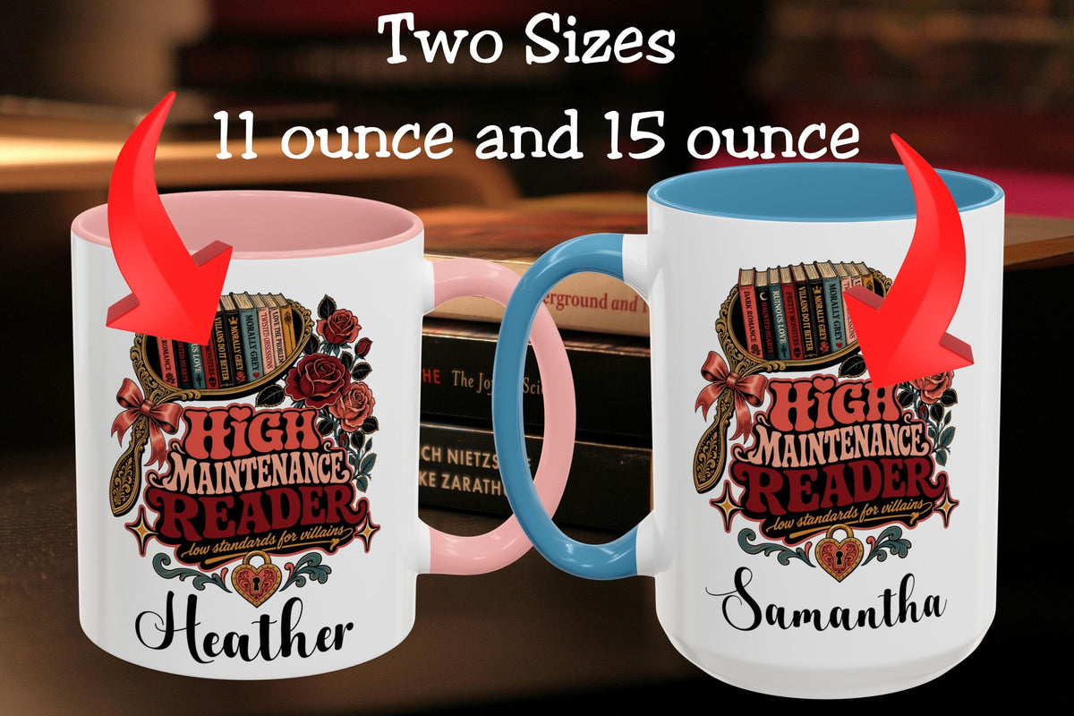 Two personalized ceramic mugs shown side by side with text reading 'Two Sizes 11 ounce and 15 ounce.' The left mug is white with a pink interior and handle, and the right mug is white with a blue interior and handle.