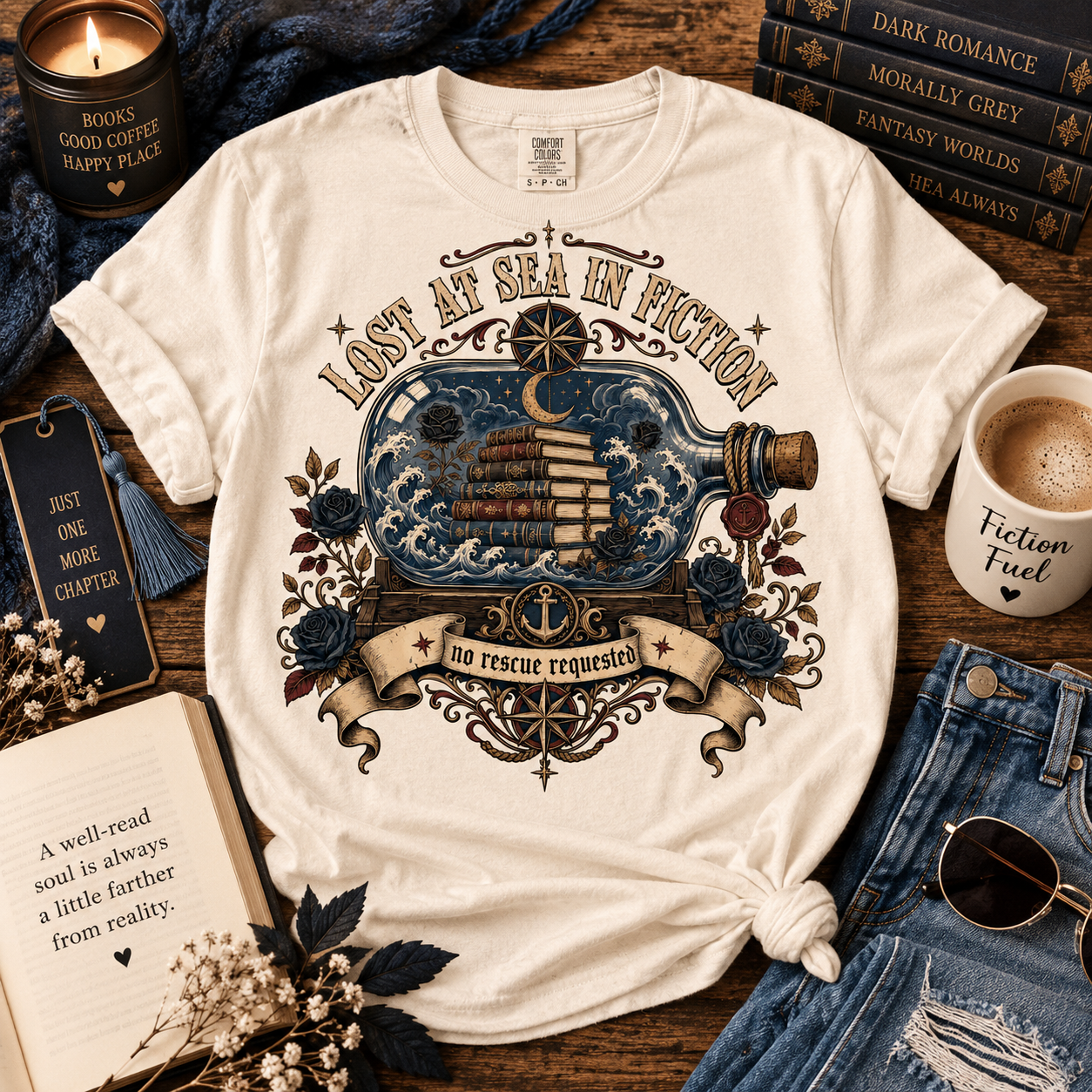 Lost at Sea in Fiction Shirt, Dark Romance Reader Tee, Nautical Book Lover Shirt, BookTok Gift, Gothic Romance Graphic Tee