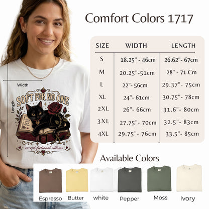 A woman models a white graphic T-shirt with a black cat and rose illustration, alongside a size chart labeled Comfort Colors 1717, width/length measurements by size, and available color options at the bottom.