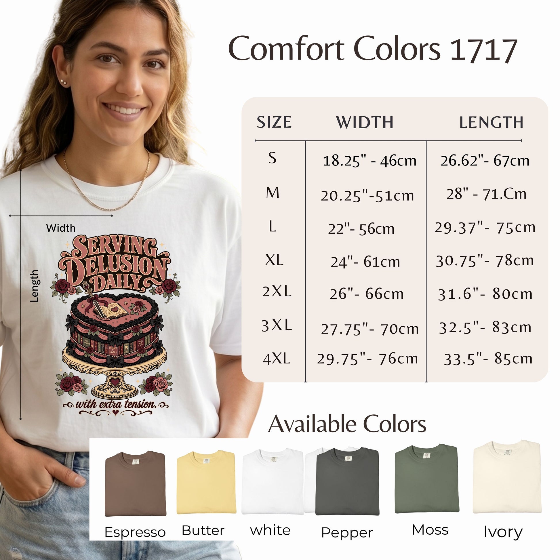 A woman wearing a white graphic T-shirt with a coffee cup design and the text 'SERVING DELUSIONS DAILY' is shown alongside a size chart for Comfort Colors 1717 and available color options at the bottom.
