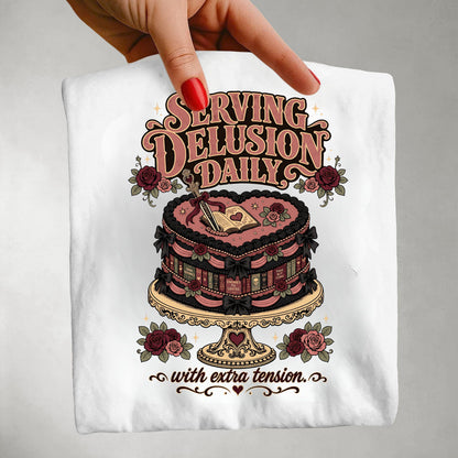 A hand with red nail polish holds up a white t-shirt featuring a gothic-style graphic of a book-themed cake and the text 'SERVING DELUSION DAILY with extra tension.' against a neutral gray background.