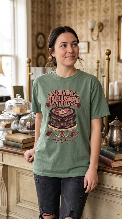 Serving reader delusion daily with a generous helping of extra tension. This playful dark romance shirt features a heart-shaped book cake decorated with black bows, roses, tiny romance novels, and vintage details. Perfect for BookTok readers, book club friends, morally gray hero fans, romantasy lovers, and anyone who treats fictional drama as self-care. #ServingDelusion #RomanceReader #BookTokShirt #BookishHumor #DarkRomance