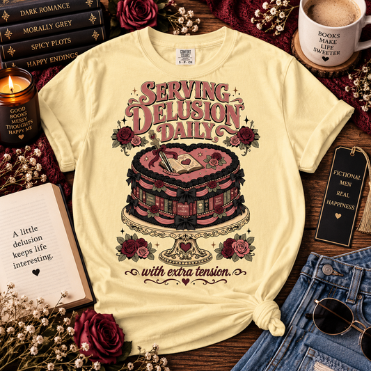 A pale yellow graphic T-shirt laid flat on a rustic wood surface, surrounded by decorative props including books, a candle, an open book, dried flowers, denim jeans, and a mug. The shirt has a large vintage-style illustration of a pink and black layered cake with roses and the text 'Serving Delusion Daily with extra tension.