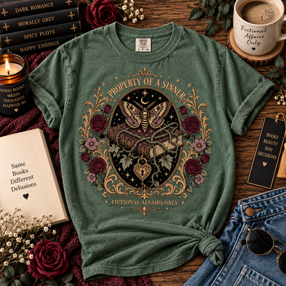 A green graphic t-shirt styled in a cozy flat-lay arrangement with books, a candle, a coffee mug, and denim jeans on a wooden table. The t-shirt features a detailed graphic of a witch's scythe, a butterfly, a book, and roses with the text 'PROPERTY OF A SIMMER' and 'FICTIONAL AFFAIRS ONLY'.