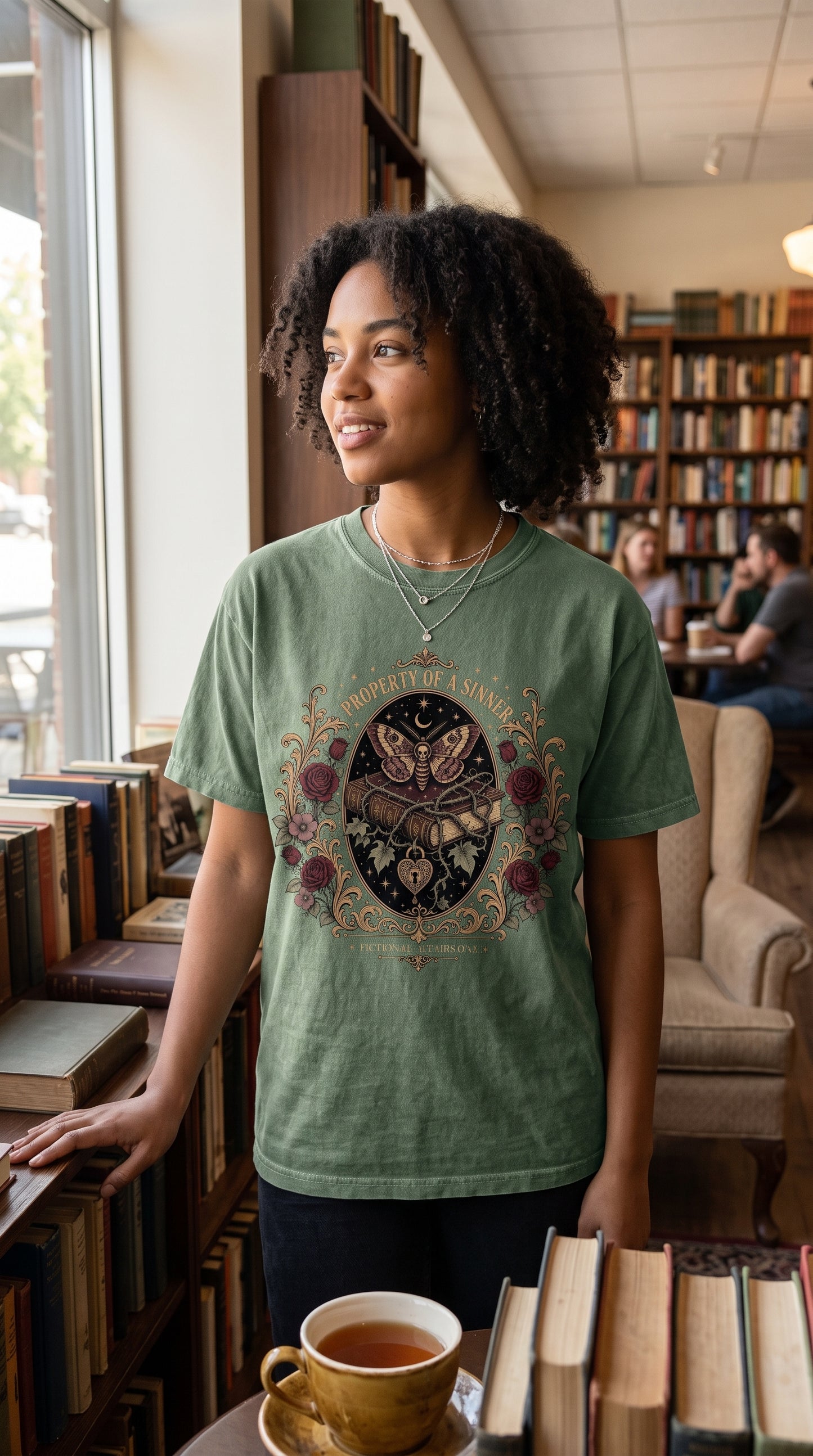 Property of a sinner, fictional affairs only. This moody gothic romance shirt features a death’s-head moth, antique books wrapped in thorny vines, burgundy roses, crescent moon, celestial stars, and a heart-shaped lock. Perfect for dark romance readers, romantasy fans, gothic book lovers, morally gray hero enthusiasts, and dark academia wardrobes. #GothicRomance #DarkAcademia #DarkRomance #BookishFashion #Romantasy