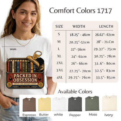 A woman models a white graphic T-shirt with a vintage book-and-scissors design reading 'Packed in Obsession.' The image includes a size chart labeled Comfort Colors 1717, width/length measurements by size, and an 'Available Colors' row showing espresso, butter, white, pepper, moss, and ivory T-shirt options.