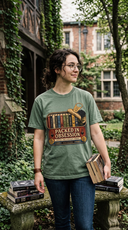 Packed with dark romance, twisted plots, and enough fictional obsession for one unhinged reader. This retro sardine-tin inspired book shirt features rows of novels, a black rose, antique details, and vintage labels including “Fueled by Dark Fiction” and “100% Dark Romance.” A fun gift for BookTok readers, book club friends, and romance novel lovers. #DarkRomanceGift #BookishShirt #ReaderHumor #BookTokGift #RomanceBooks
