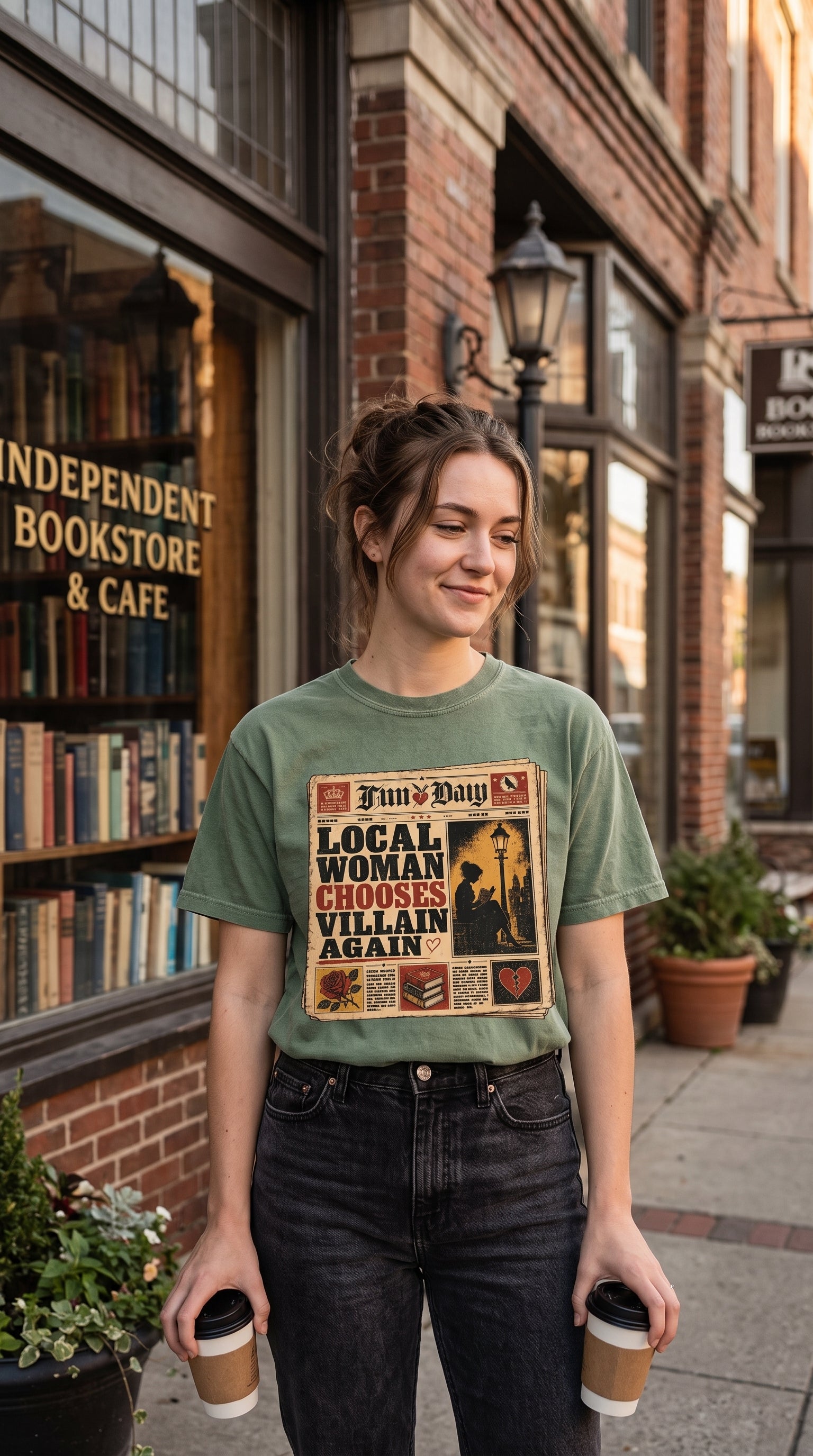 Breaking news: she chose the villain again. This vintage newspaper-style romance reader shirt features distressed typography, a reader silhouette, streetlamp, roses, stacked books, and a broken heart. Perfect for BookTok readers, dark romance fans, morally gray hero lovers, and anyone who always roots for the fictional villain. #VillainRomance #BookTokShirt #DarkRomance #BookLover #FictionalMen