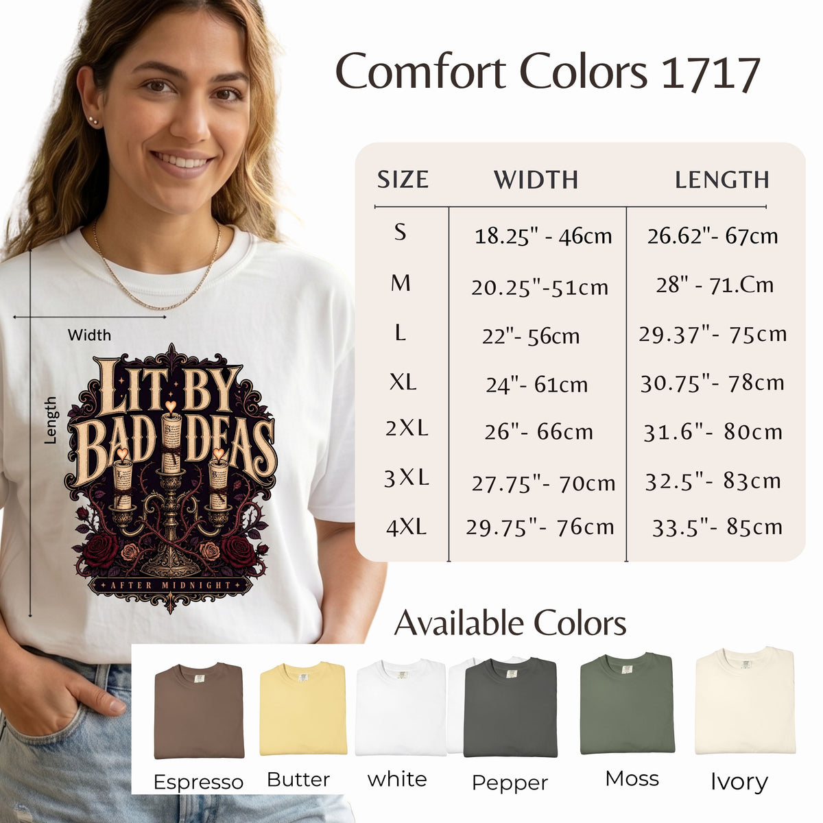 A woman models a white graphic T-shirt with a dark vintage-style print reading 'Lit. by Bad Ideas' and 'Proudly American.