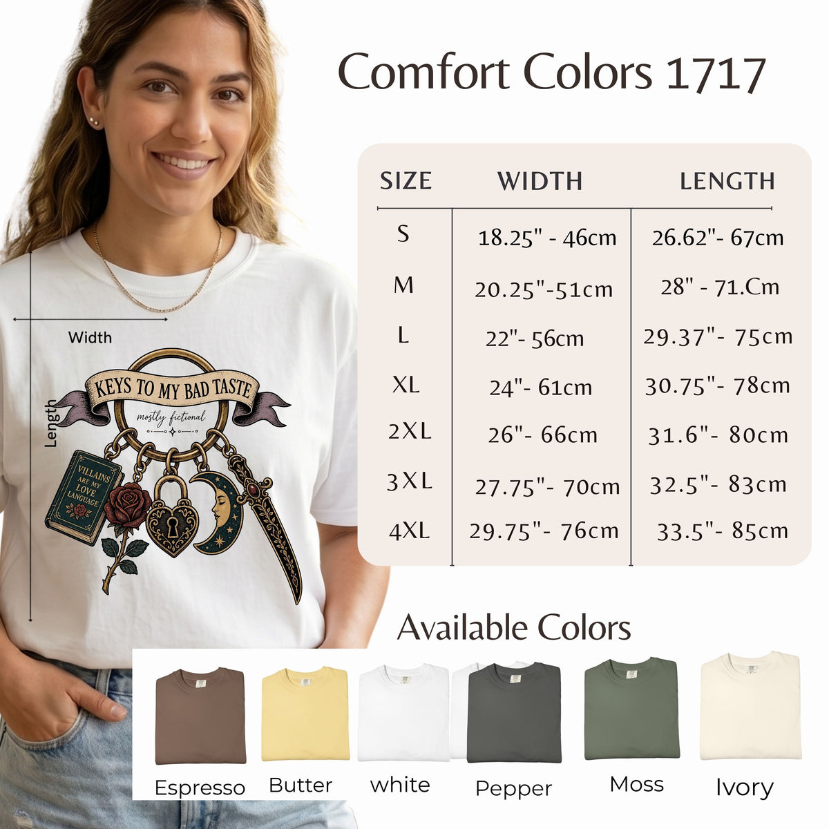 A woman wearing a white graphic T-shirt with a keychain and rose design, alongside a size chart for Comfort Colors 1717, an available colors list, and a size table showing measurements from S to 4XL.