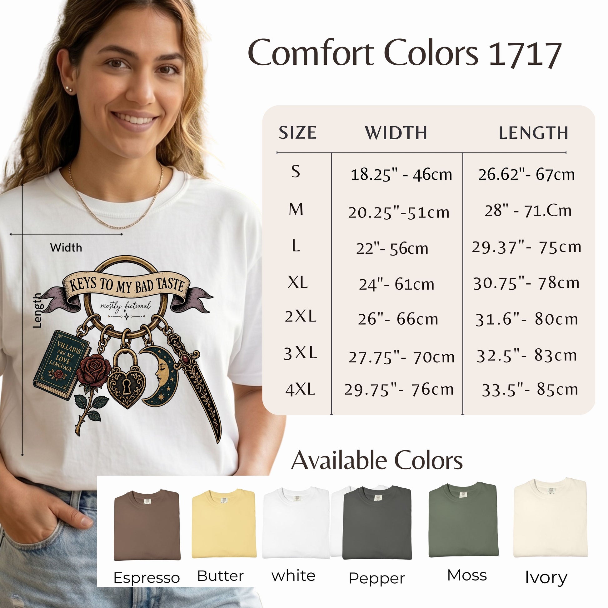 A woman wearing a white graphic T-shirt with a keychain and rose design, alongside a size chart for Comfort Colors 1717, an available colors list, and a size table showing measurements from S to 4XL.