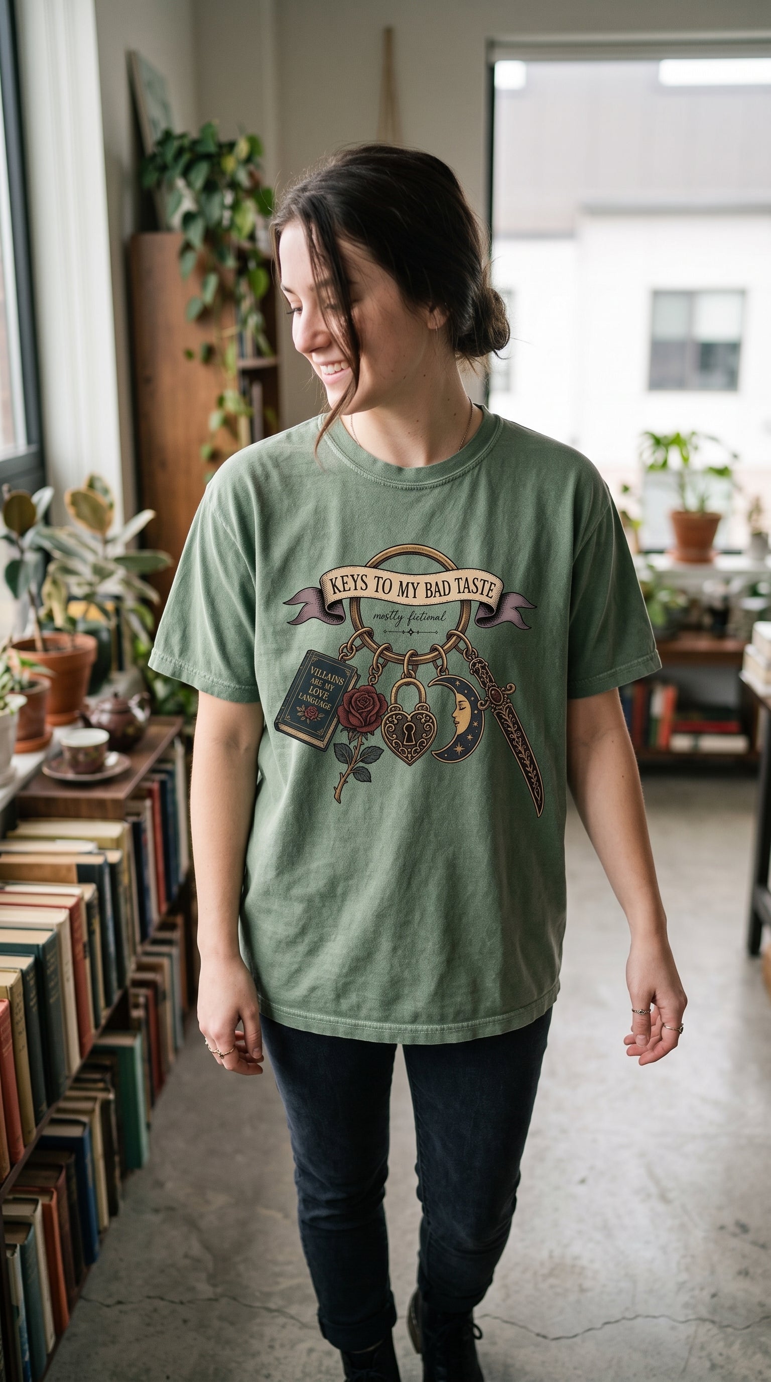 The keys to questionable fictional taste are officially on display. This vintage dark romance shirt features an antique keyring with a “Villains Are My Love Language” book, rose, ornate heart lock, celestial moon, and decorative dagger. Perfect for morally gray hero fans, romantasy readers, villain lovers, BookTok friends, and gothic book lovers. #DarkRomance #MorallyGray #BookishStyle #RomantasyReader #BookLoverShirt
