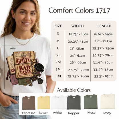A woman wearing a white graphic T-shirt with a vintage book print and the words 'GUILTY BAD TASTE,' shown alongside a size chart labeled 'Comfort Colors 1717' and an 'Available Colors' row with color swatches.