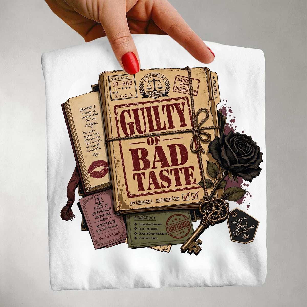 A hand with red nail polish holds a white folded T-shirt against a light gray background. The shirt features a detailed graphic print of a vintage mystery book tied with rope, surrounded by a black rose, an antique key, and various evidence tags, with the text 'GUILTY OF BAD TASTE' prominently displayed.