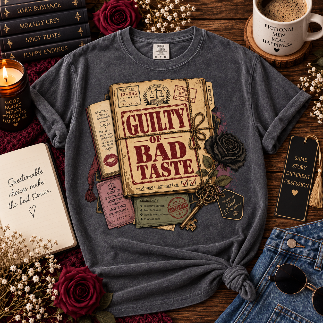 A dark heather gray graphic t-shirt styled in a cozy, themed flat-lay on a wooden table. The shirt features a graphic print of a vintage 'Guilty of Bad Taste' book ticket with a key, lipstick marks, and roses.