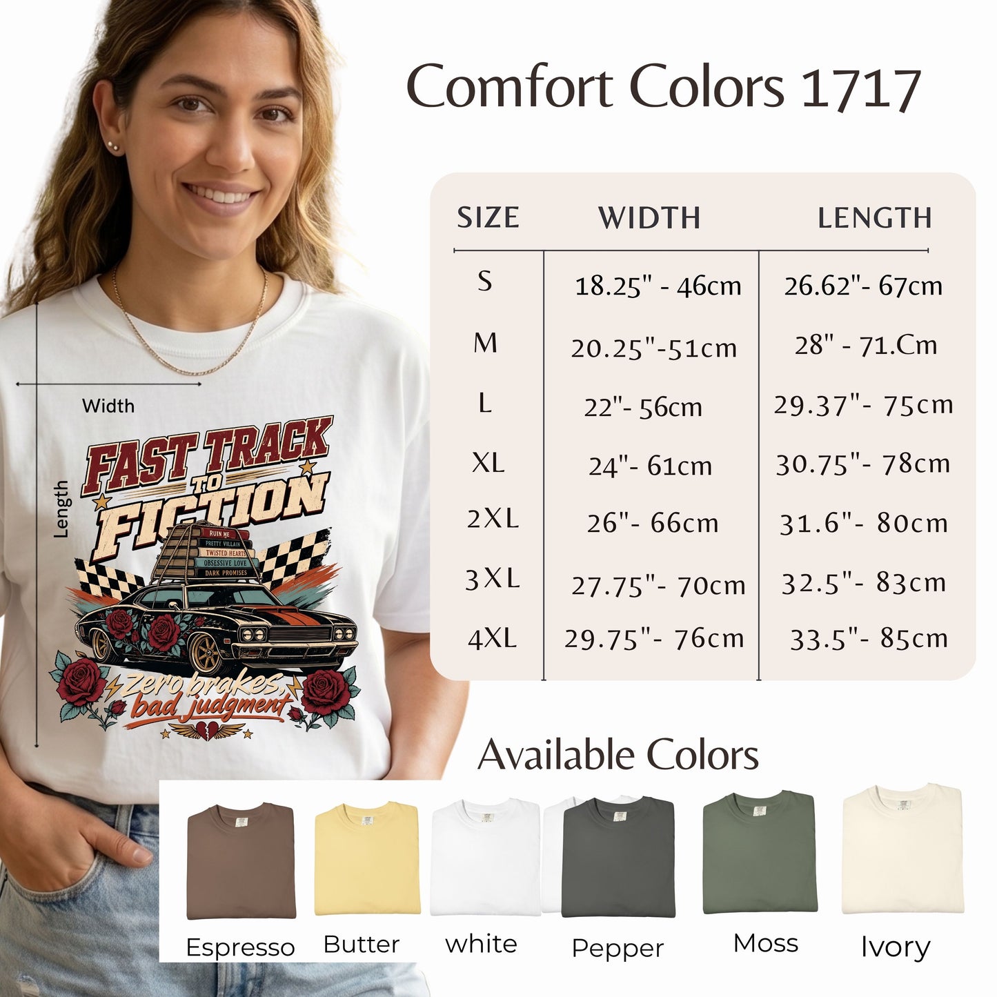A woman models a white graphic T-shirt with a retro car design and the text 'Fast Track to Fiction' and 'Bad Judgment.' A size chart on the right lists measurements from S to 4XL, and an 'Available Colors' row shows other shirt color options.