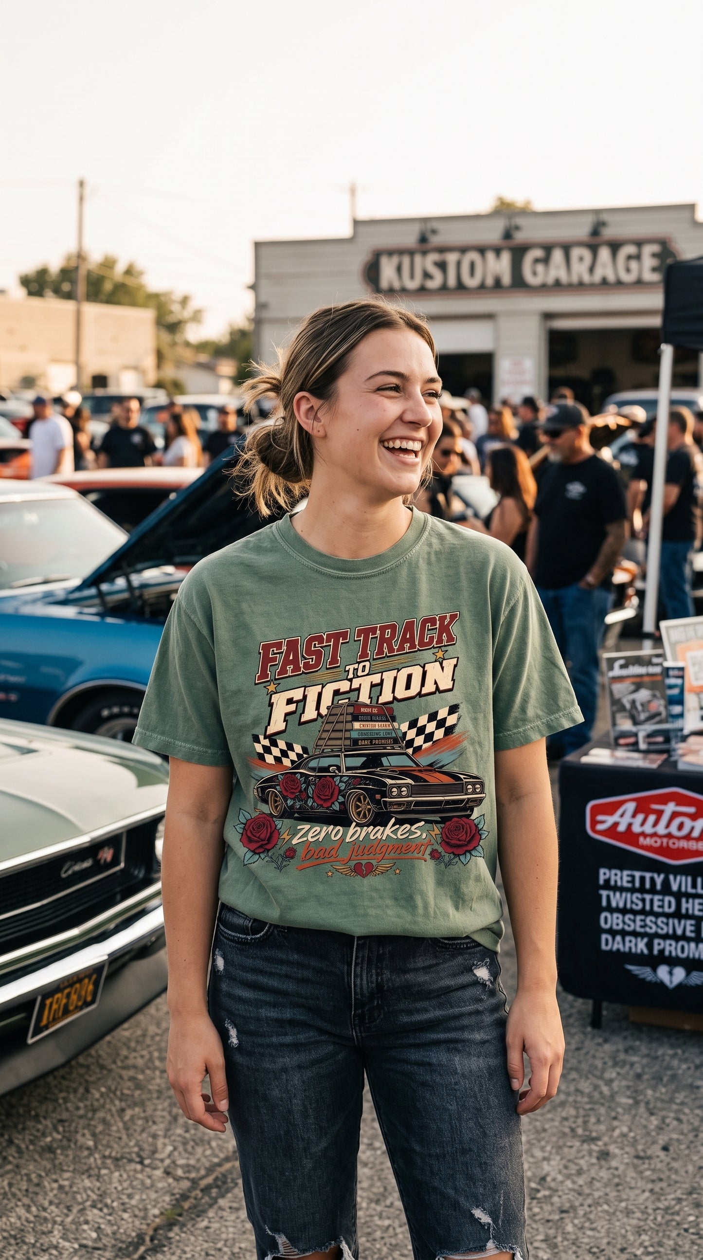For romance readers with zero brakes and questionable fictional judgment. This retro book lover shirt features a vintage muscle car, stacked romance books, checkered racing details, red roses, and the phrase “Fast Track to Fiction, Zero Brakes, Bad Judgment.” Perfect for dark romance readers, BookTok fans, morally gray hero lovers, book club friends, and anyone shopping for a unique bookish gift. #BookLoverShirt #DarkRomance #BookTokStyle #RomanceReader #BookishGift