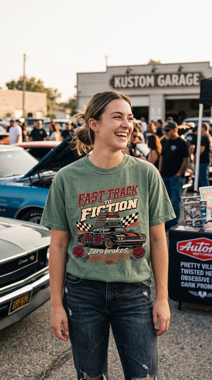 For romance readers with zero brakes and questionable fictional judgment. This retro book lover shirt features a vintage muscle car, stacked romance books, checkered racing details, red roses, and the phrase “Fast Track to Fiction, Zero Brakes, Bad Judgment.” Perfect for dark romance readers, BookTok fans, morally gray hero lovers, book club friends, and anyone shopping for a unique bookish gift. #BookLoverShirt #DarkRomance #BookTokStyle #RomanceReader #BookishGift