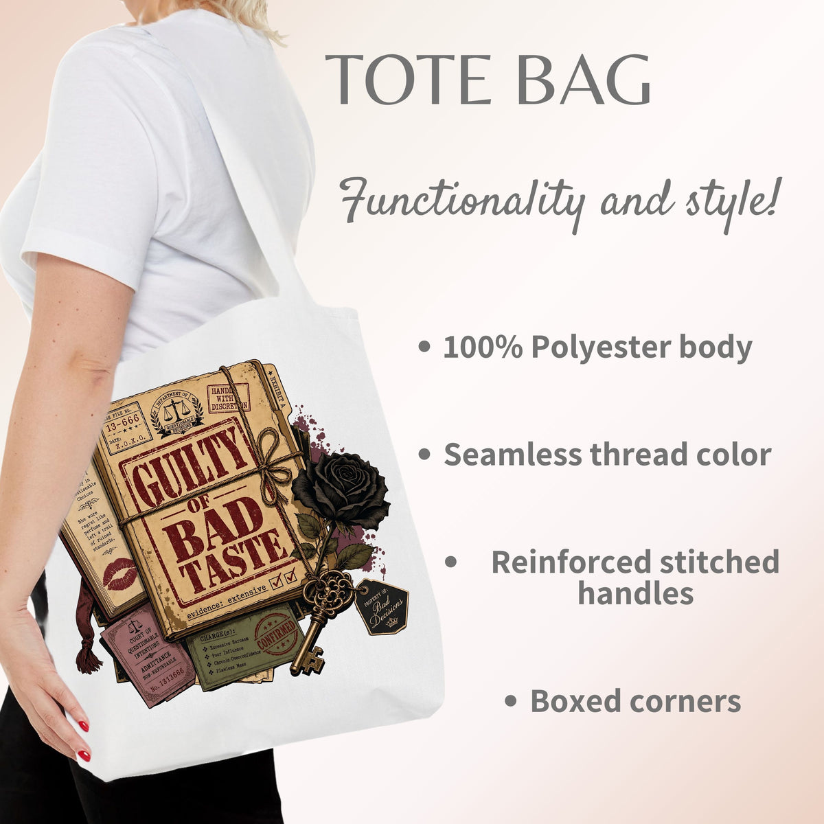 Guilty of Bad Taste Tote Bag, Dark Romance Book Lover Tote, Morally Grey Reader Gift, BookTok Bag, Gothic Bookish Tote
