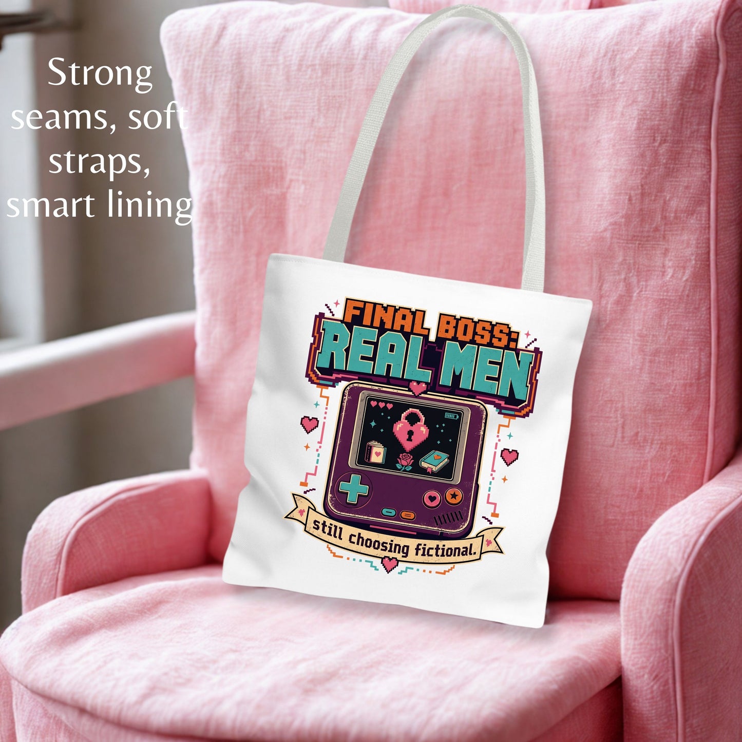 Final Boss Real Men Tote Bag, Funny Book Lover Tote, Fictional Men Reader Gift, Retro Gamer Bookish Bag, Romance Book Lover Tote