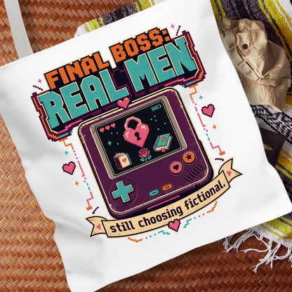 Final Boss Real Men Tote Bag, Funny Book Lover Tote, Fictional Men Reader Gift, Retro Gamer Bookish Bag, Romance Book Lover Tote