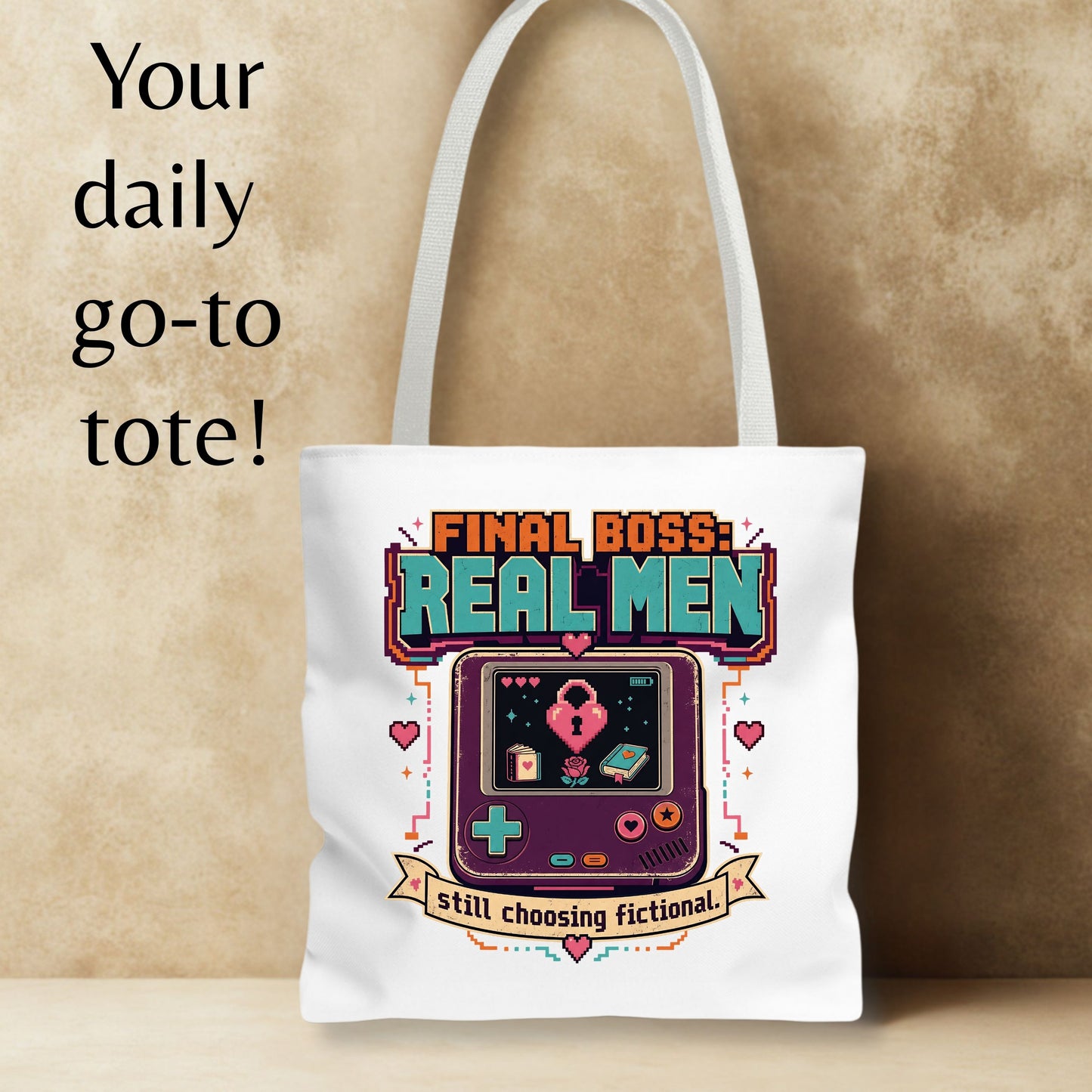 Final Boss Real Men Tote Bag, Funny Book Lover Tote, Fictional Men Reader Gift, Retro Gamer Bookish Bag, Romance Book Lover Tote